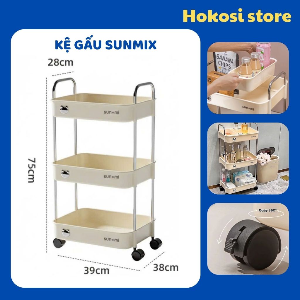 Kệ Gấu Sunmix 3 Tầng Đựng Đồ Đa Năng, Kệ Để Đồ Khay Nhựa Cao Cấp Khung Inox,Có Bánh Xe Và Tay Cầm