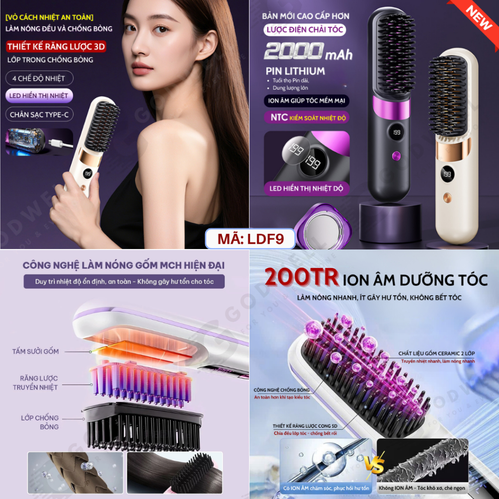 Lược Điện Chải Tóc Ion Âm Không Dây GODWELL Lược Duỗi Tóc Tạo Kiểu Không Dây, Nhỏ Gọn Dễ Mang Theo