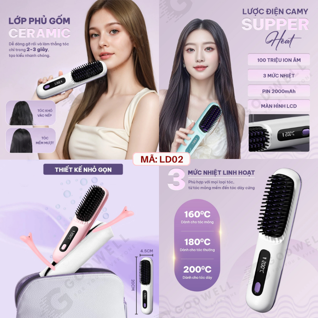 Lược Điện Chải Tóc Ion Âm Không Dây GODWELL Lược Duỗi Tóc Tạo Kiểu Không Dây, Nhỏ Gọn Dễ Mang Theo