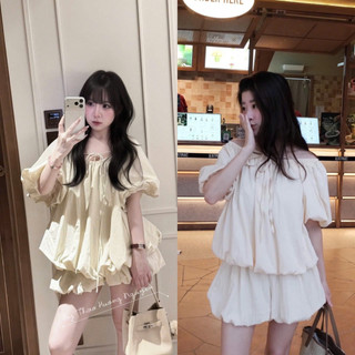 [S2.4344] Set Gió Phồng Áo Cổ Tròn Dây Nơ Tay Bồng Mix Quần Bí Phồng