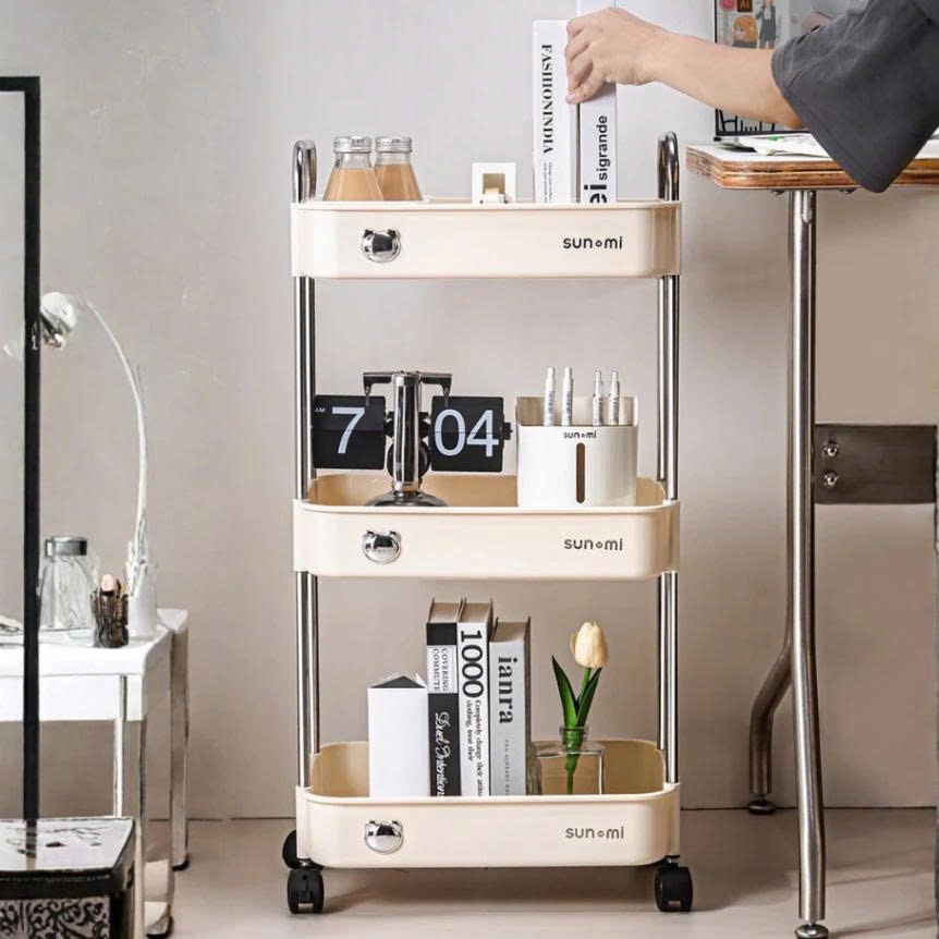 Kệ Gấu Sunmix 3 Tầng Đựng Đồ Đa Năng, Kệ Để Đồ Khay Nhựa Cao Cấp Khung Inox,Có Bánh Xe Và Tay Cầm