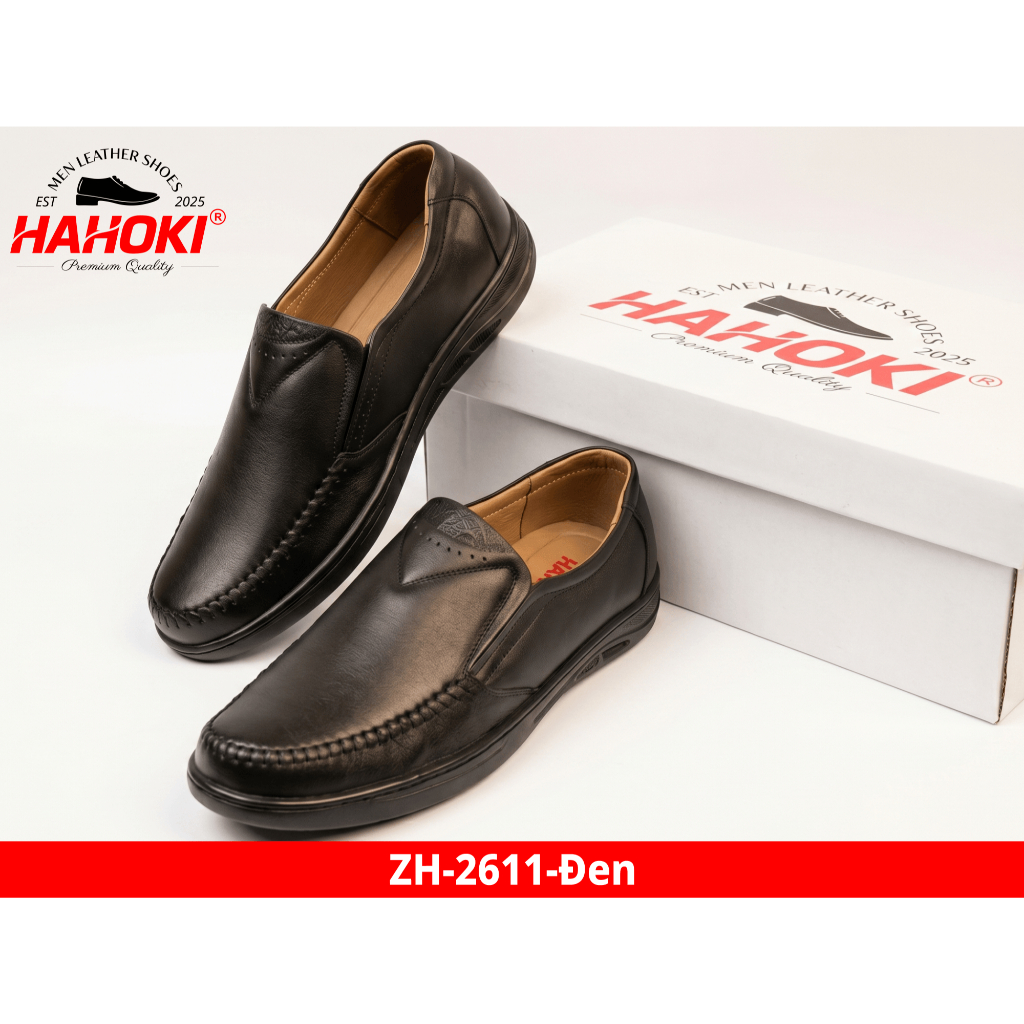 Giày Lười Nam (Giày Mọi) ZH-2611 HAHOKI- Da Bò Nguyên Tấm - Đế Cao Su Đúc Nguyên Khối - Màu Đen - Size 38,39,40,41,42,43