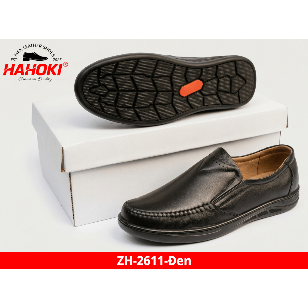 Giày Lười Nam (Giày Mọi) ZH-2611 HAHOKI- Da Bò Nguyên Tấm - Đế Cao Su Đúc Nguyên Khối - Màu Đen - Size 38,39,40,41,42,43