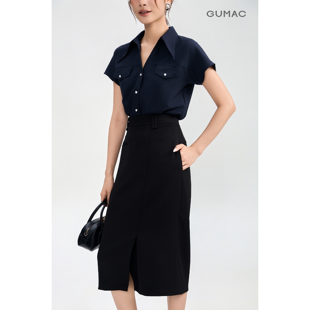 Chân Váy Nữ GUMAC Form Suông Xẻ Tà Túi Kiểu Vải Cotton Chéo Hiện Đại VG05030