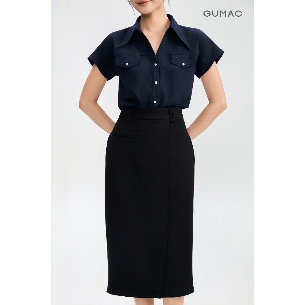 Chân Váy Nữ GUMAC Form Suông Xẻ Tà Túi Kiểu Vải Cotton Chéo Hiện Đại VG05030
