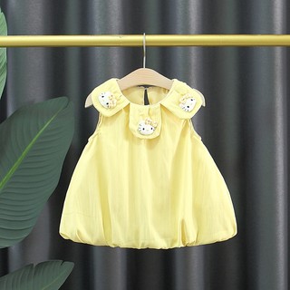 Váy đầm bí bé gái màu trơn 6th-3 tuổi cổ búp hoa phối mèo kitty dễ thương D1306