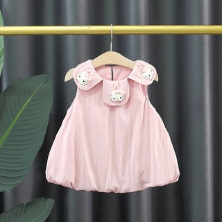 Váy đầm bí bé gái màu trơn 6th-3 tuổi cổ búp hoa phối mèo kitty dễ thương D1306