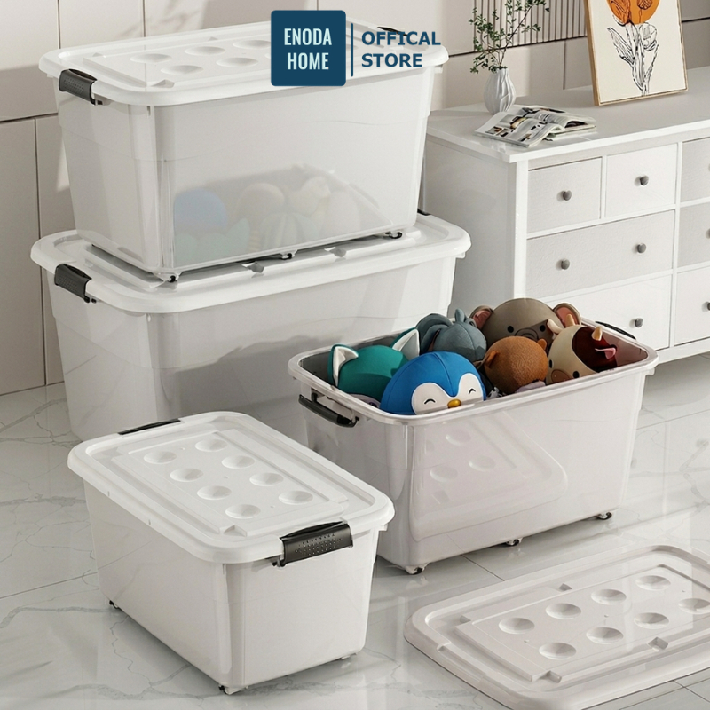Hộp Đựng Đồ Dung Tích Lớn ENODA HOME, Thùng Nhựa Loại To 135L Đựng Chăn Màn, Quần Áo, Có Nắp, Bánh Xe Q010