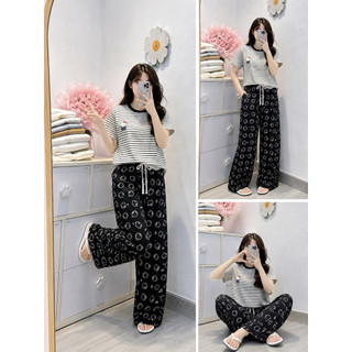 Set bộ áo thun kẻ sọc cọc tay trắng in kitty habo mix quần xuông kitty cạp trắng