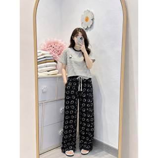 Set bộ áo thun kẻ sọc cọc tay trắng in kitty habo mix quần xuông kitty cạp trắng