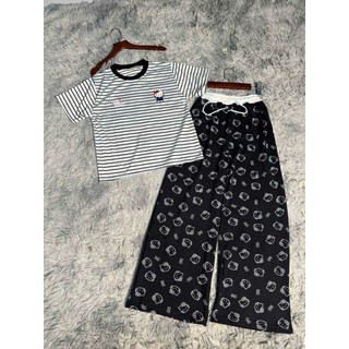 Set bộ áo thun kẻ sọc cọc tay trắng in kitty habo mix quần xuông kitty cạp trắng