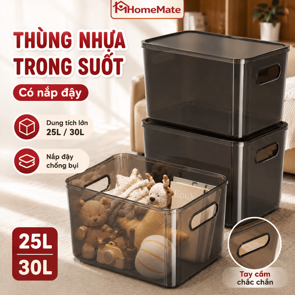 Thùng Nhựa Xám Trong Suốt HomeMate Có Nắp Đậy 25L/30L – Hộp Nhựa Đựng Đồ Đa Năng Tiết Kiệm Diện Tích