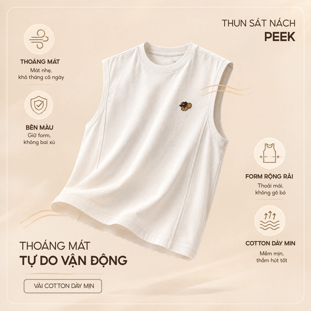 [GIÁ MỞ BÁN] Áo thun sát nách TANKTOP PEEK vải cotton, form rộng thoải mái, thêu logo tinh tế, mặc hè và vận động- FEAER