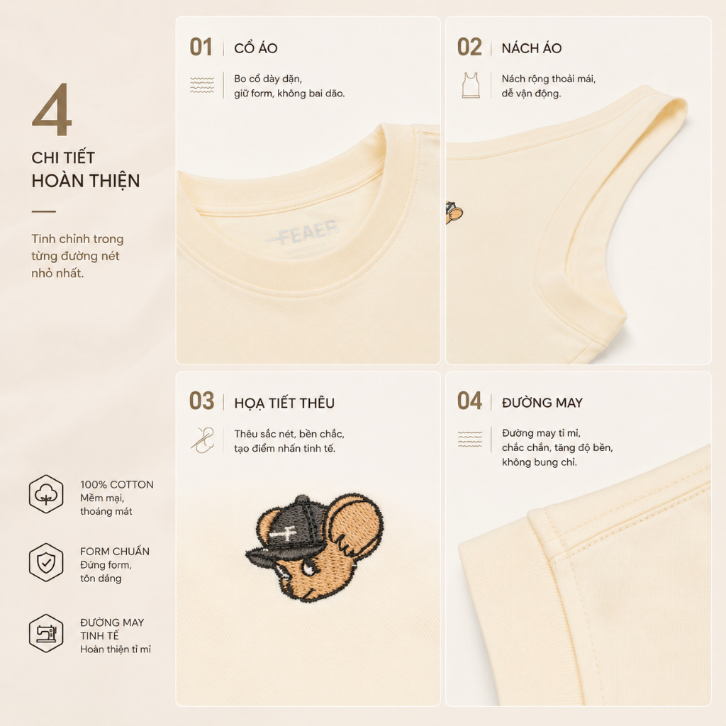 [GIÁ MỞ BÁN] Áo thun sát nách TANKTOP PEEK vải cotton, form rộng thoải mái, thêu logo tinh tế, mặc hè và vận động- FEAER