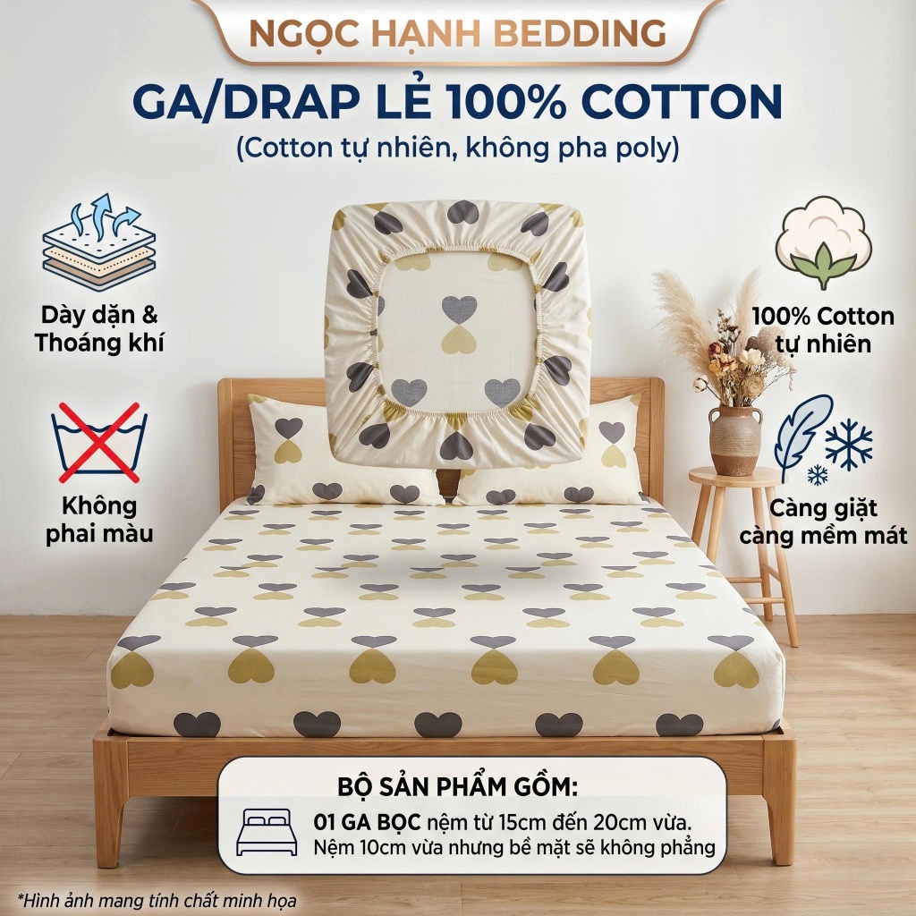 [Ga lẻ không vỏ gối] Ga Giường Vải Cotton 100% Mềm mịn mát, nệm 15cm 20cm - Ngọc Hạnh Bedding