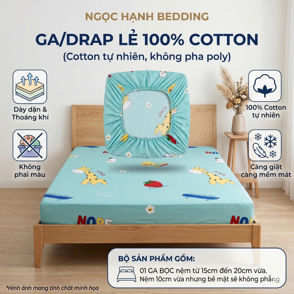 [Ga lẻ không vỏ gối] Ga Giường Vải Cotton 100% Mềm mịn mát, nệm 15cm 20cm - Ngọc Hạnh Bedding