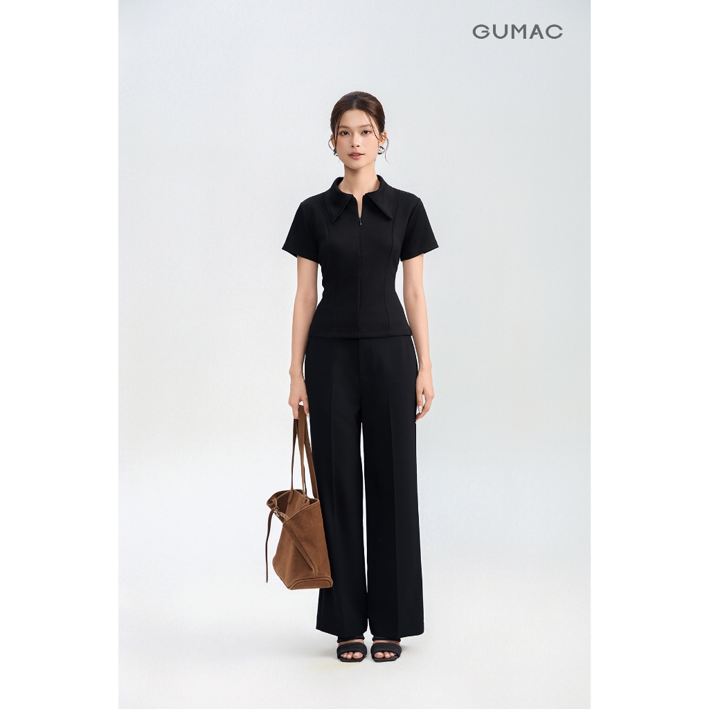 Quần tây nữ GUMAC dáng suông đính nút bọc mắt cáo có may túi xéo hai bên chất liệu thoáng mát QG05055