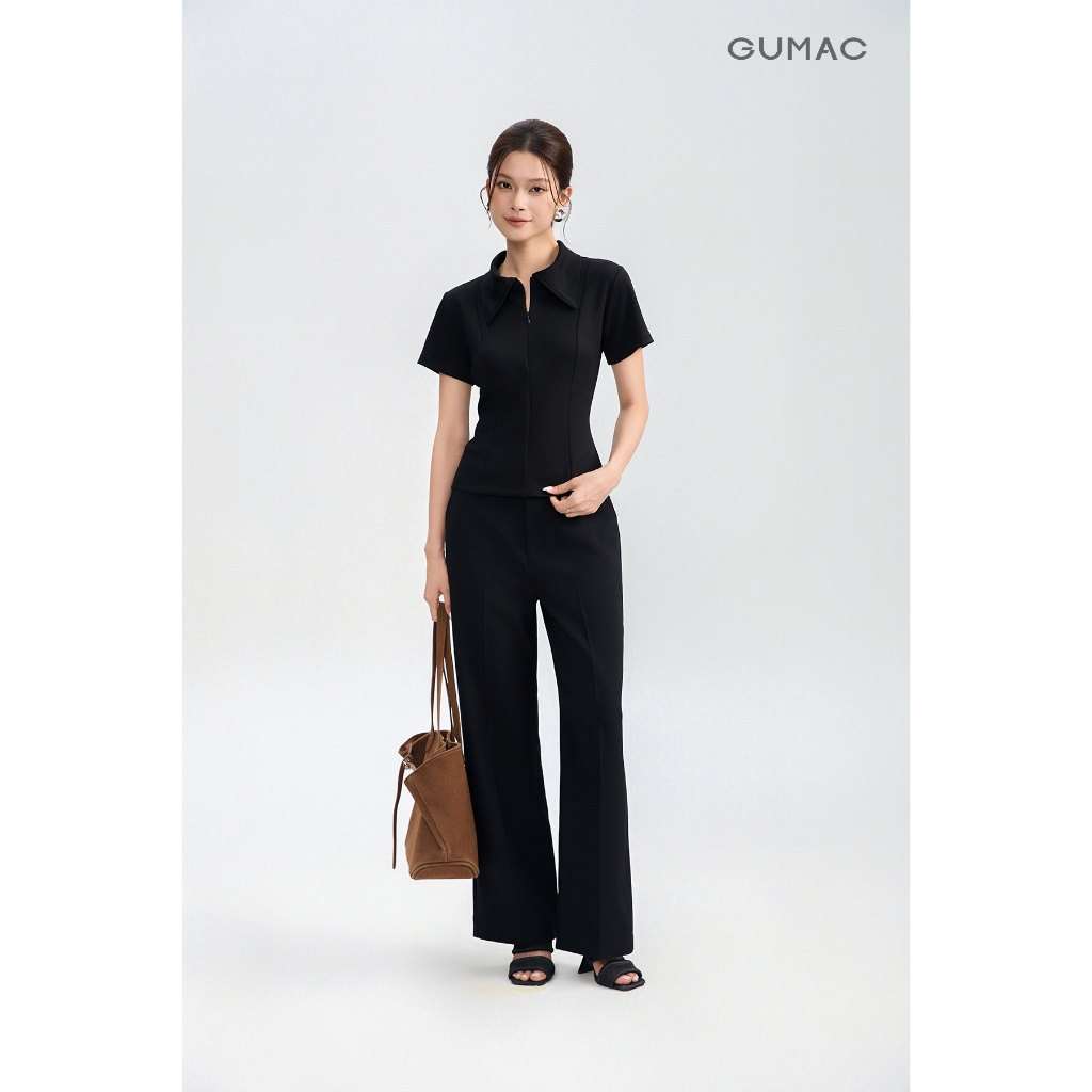 Quần tây nữ GUMAC dáng suông đính nút bọc mắt cáo có may túi xéo hai bên chất liệu thoáng mát QG05055