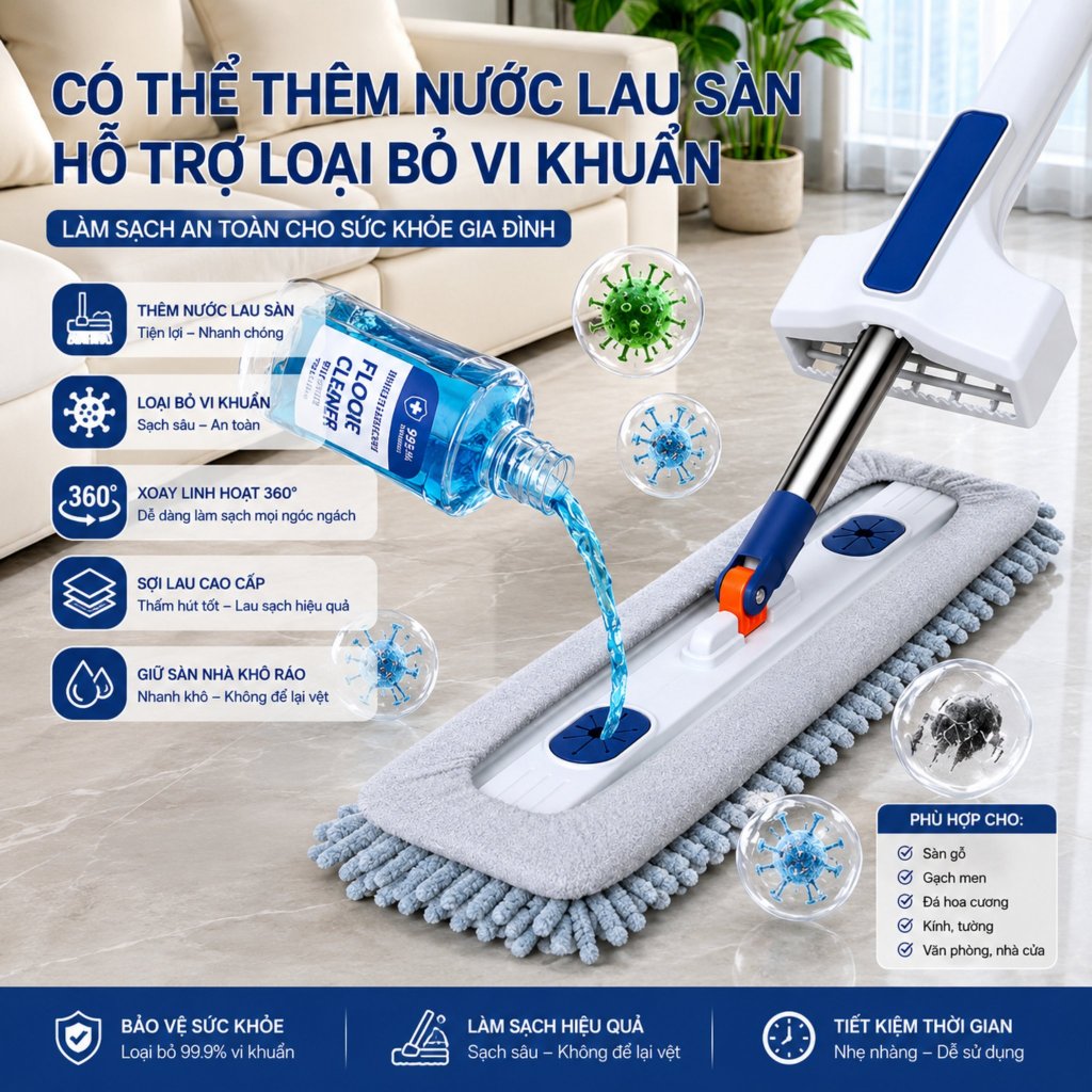 Cây Lau Nhà Tự Vắt 45cm Cao Cấp – Tặng Kèm 2 Bông Lau Siêu Thấm