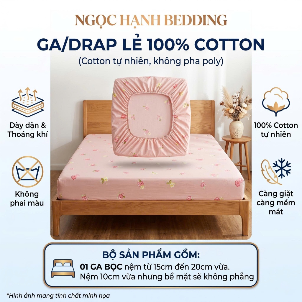 [Ga lẻ không vỏ gối] Ga Giường Vải Cotton 100% Mềm mịn mát, nệm 15cm 20cm - Ngọc Hạnh Bedding