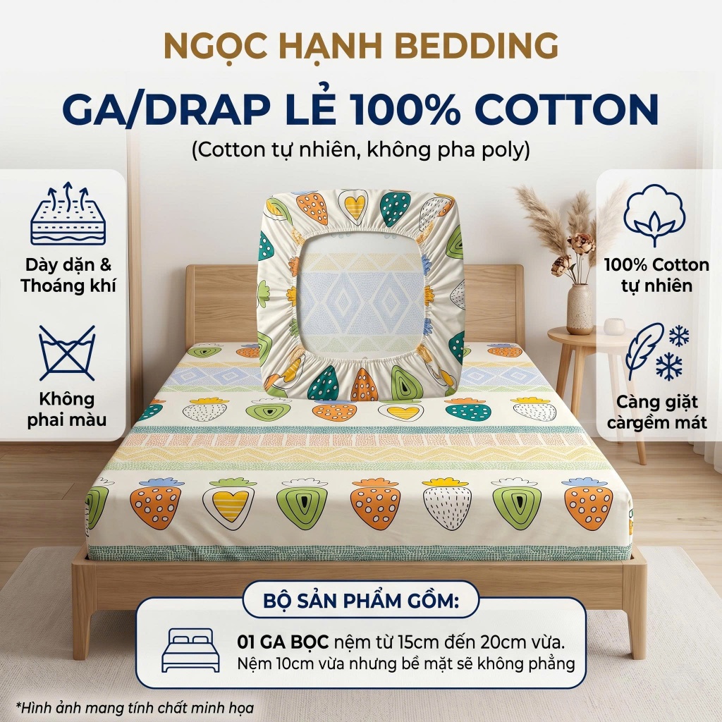 [Ga lẻ không vỏ gối] Ga Giường Vải Cotton 100% Mềm mịn mát, nệm 15cm 20cm - Ngọc Hạnh Bedding