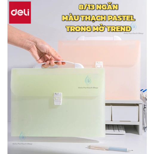 Cặp Đựng Tài Liệu 8/13 Ngăn Deli File Túi Tệp Đựng Tài Liệu A4 Cặp Học Thêm Màu thạch trong mờ pastel Có nút bấm Tay Xác