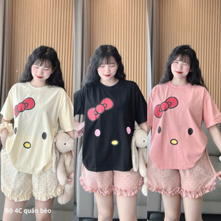 Set bộ áo thun form rộng in hình mặt gấu nơ đỏ mix quần đùi chất bi