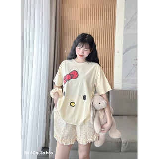 Set bộ áo thun form rộng in hình mặt gấu nơ đỏ mix quần đùi chất bi