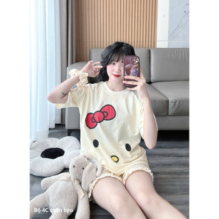 Set bộ áo thun form rộng in hình mặt gấu nơ đỏ mix quần đùi chất bi