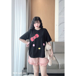 Set bộ áo thun form rộng in hình mặt gấu nơ đỏ mix quần đùi chất bi