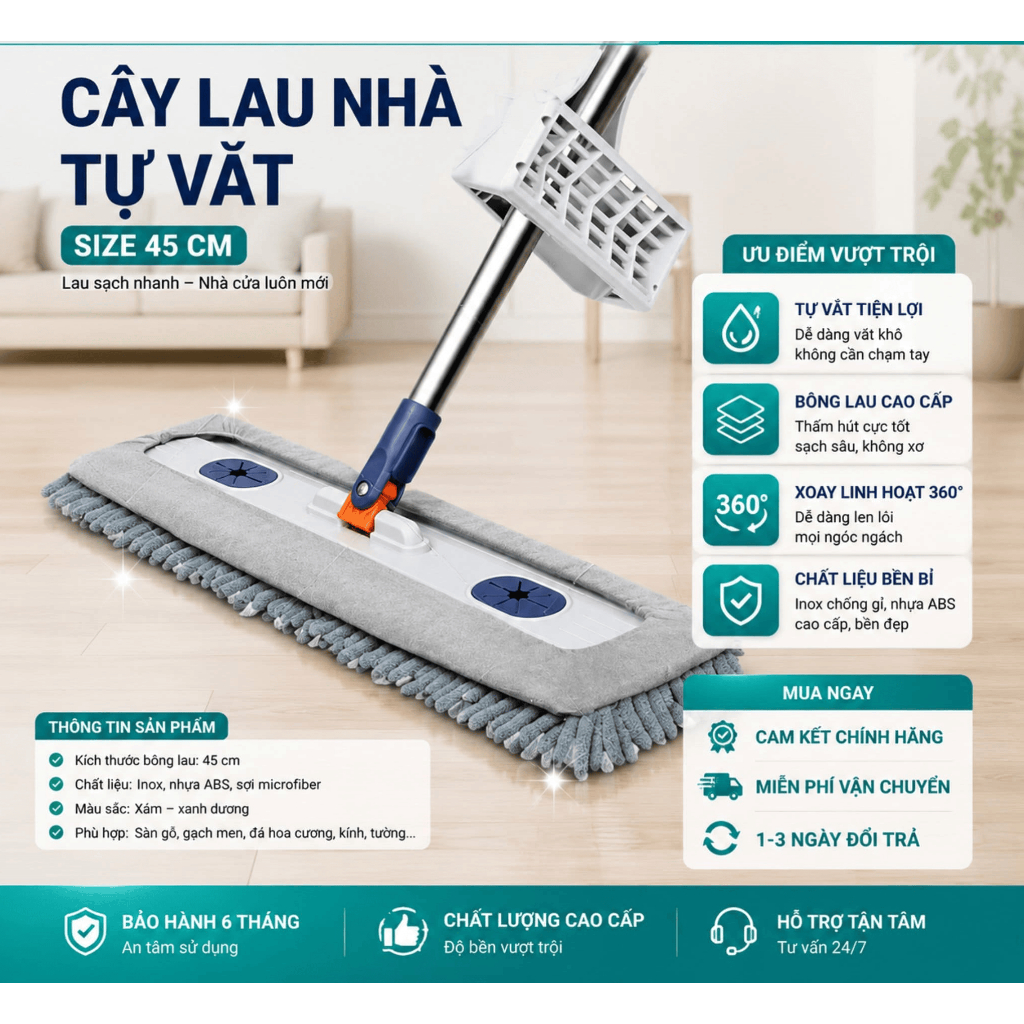 Cây Lau Nhà Tự Vắt 45cm Cao Cấp – Tặng Kèm 2 Bông Lau Siêu Thấm