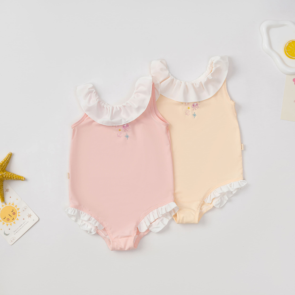 Đồ bơi bé gái liền thân phối bèo cổ tiểu thư dáng bodysuit, bikini một mảnh chất co giãn cao cấp cho bé từ 6 tháng đến 4