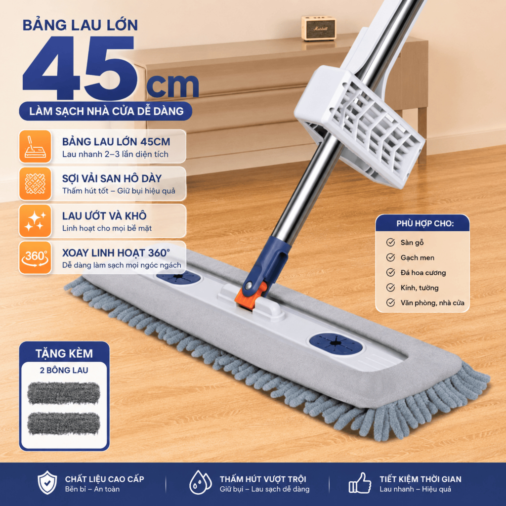Cây Lau Nhà Tự Vắt 45cm Cao Cấp – Tặng Kèm 2 Bông Lau Siêu Thấm