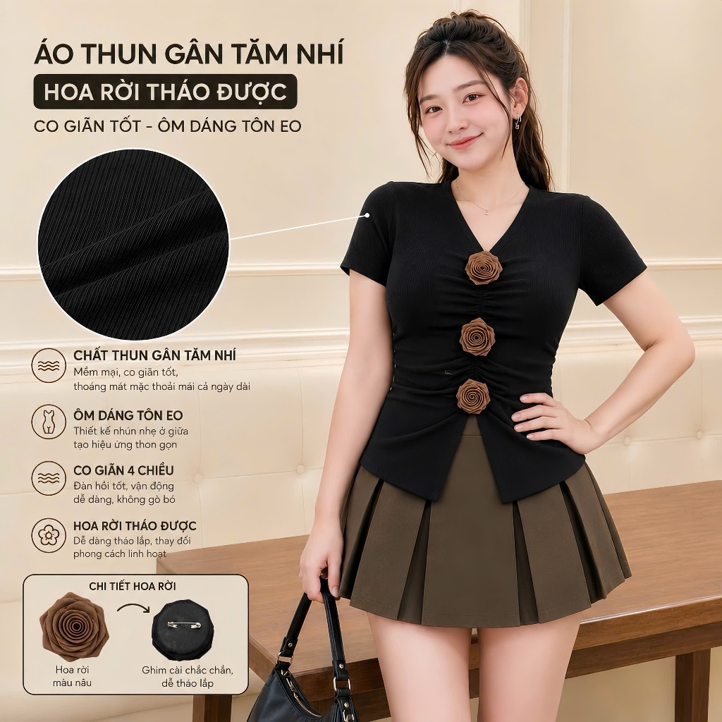 Áo Thun Kiểu Bigsize Nữ Có Hoa Thiết Kế Tay Ngắn Cổ V Nhọn Vải GânTăm Mềm Mịn  A275