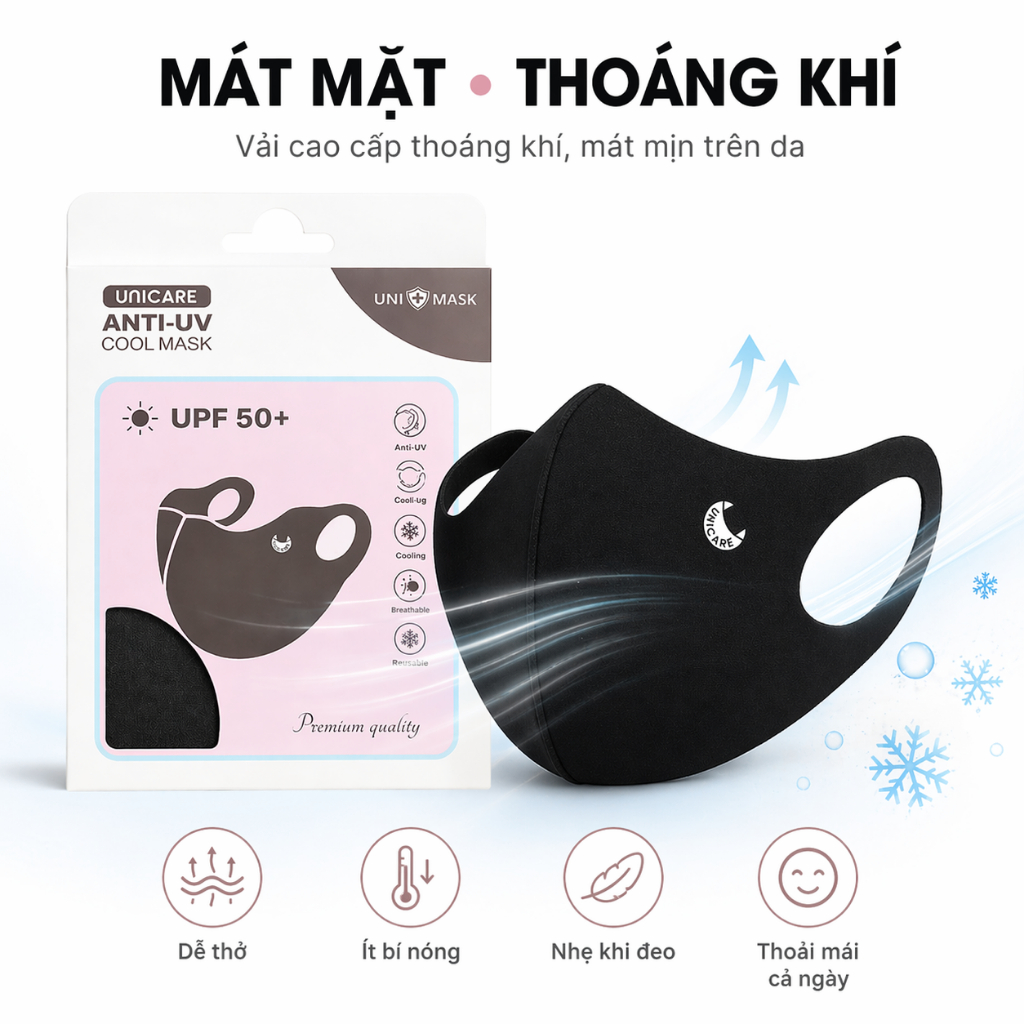 Khẩu Trang Chống UV Anti UV Unicare - Vải Lụa Băng Mát Lạnh, Chỉ Số UPF 50+, Chống Tia Cực Tím 99%