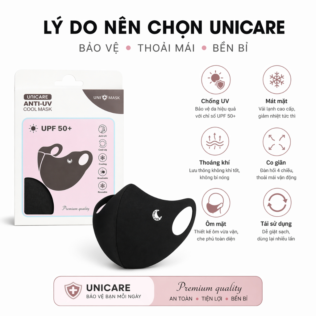 Khẩu Trang Chống UV Anti UV Unicare - Vải Lụa Băng Mát Lạnh, Chỉ Số UPF 50+, Chống Tia Cực Tím 99%