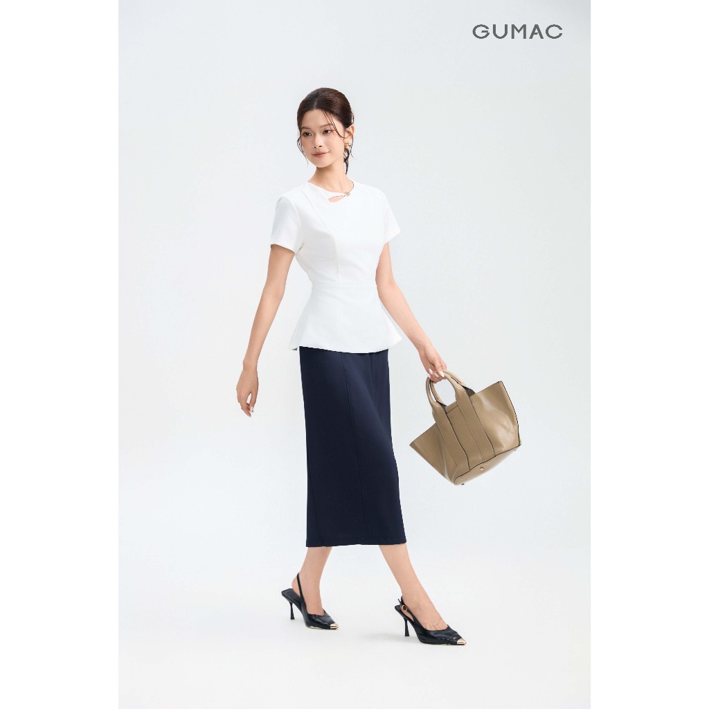 Áo Peplum Nữ GUMAC Cổ Tròn Đính Nút Kim Loại Trang Trí Cách Điệu Chất Tuyết Chun Đứng Form Thanh Lịch AG05029