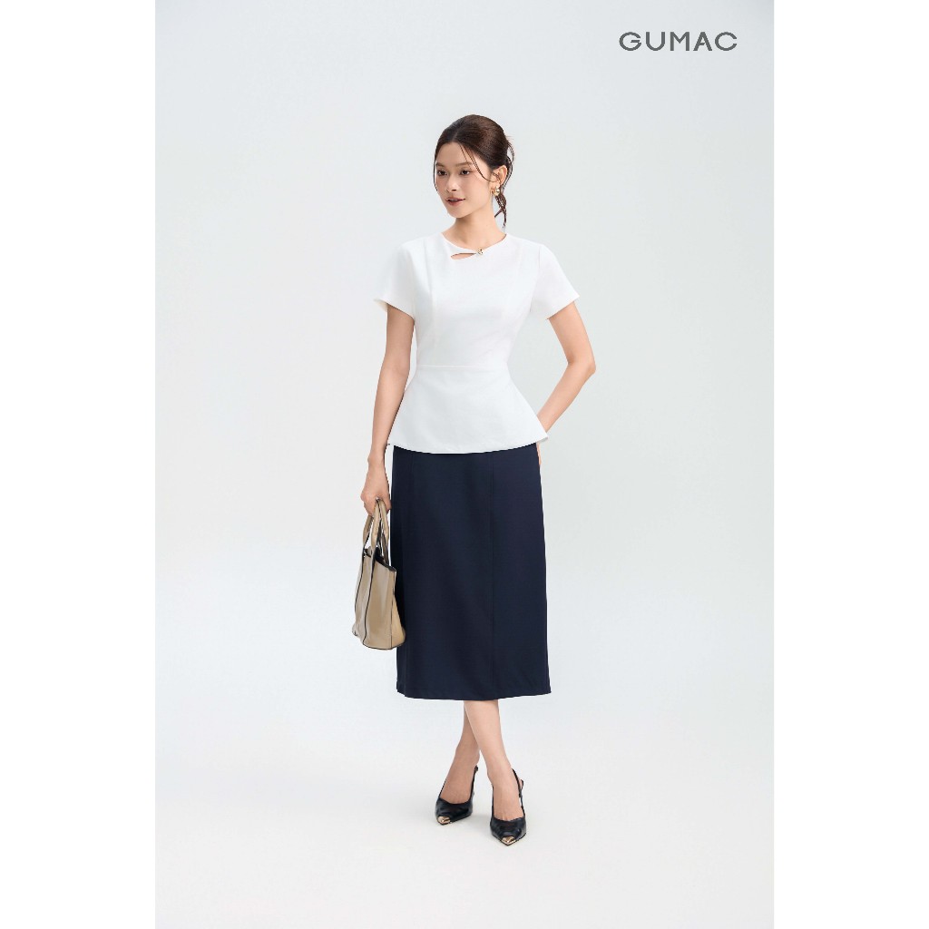 Áo Peplum Nữ GUMAC Cổ Tròn Đính Nút Kim Loại Trang Trí Cách Điệu Chất Tuyết Chun Đứng Form Thanh Lịch AG05029