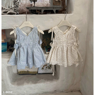 Váy chấm bi chun eo bé gái , váy cổ V bé gái