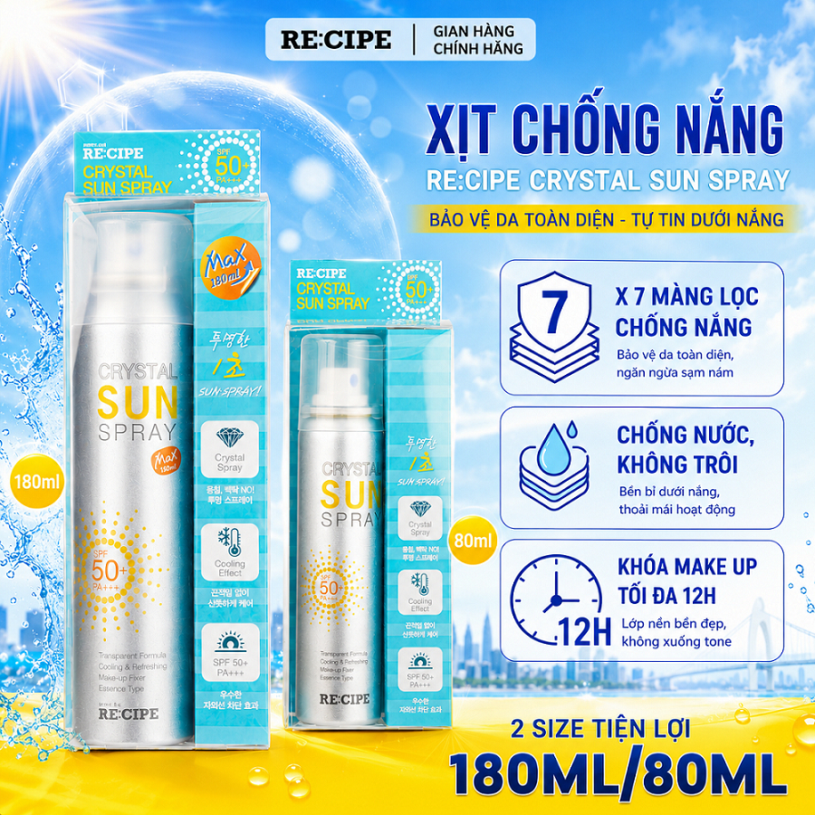 Kem Chống Nắng Dạng Xịt Recipe Không Nâng Tone Crystal Sun Sray SPF50+ PA+++ 180ml/80ml