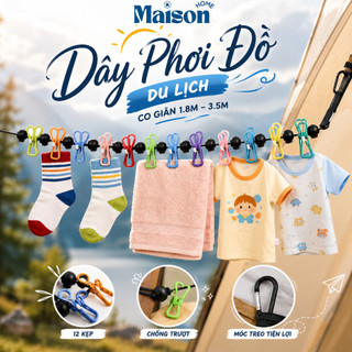 Dây Phơi Đồ Du Lịch Co Giãn 1.8–3.5m, 12 Kẹp Chống Gió, Móc Carabiner Treo Quần Áo Tiện Lợi Cắm Trại