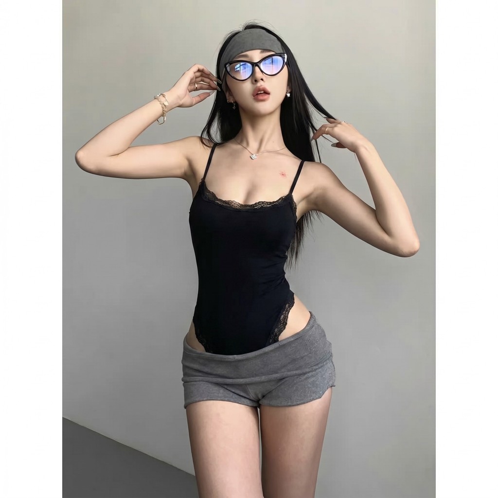 [CÓ MÚT] Áo Bodysuit Hai Dây Phối Viền Ren Ôm Body Cá Tính RANSHI Sexy Chất Cotton Mềm Mát - RBS051