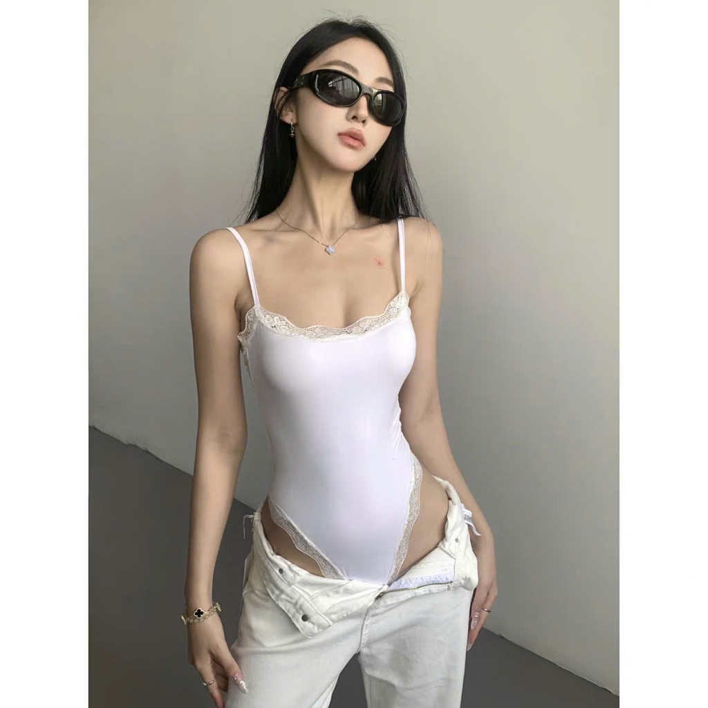 [CÓ MÚT] Áo Bodysuit Hai Dây Phối Viền Ren Ôm Body Cá Tính RANSHI Sexy Chất Cotton Mềm Mát - RBS051