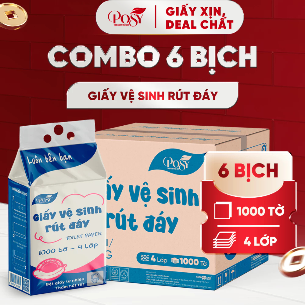 [POSY] Thùng 6 bịch giấy vệ sinh rút đáy Posy 1000 tờ 4 lớp mềm dai , thấm hút và an toàn cho da