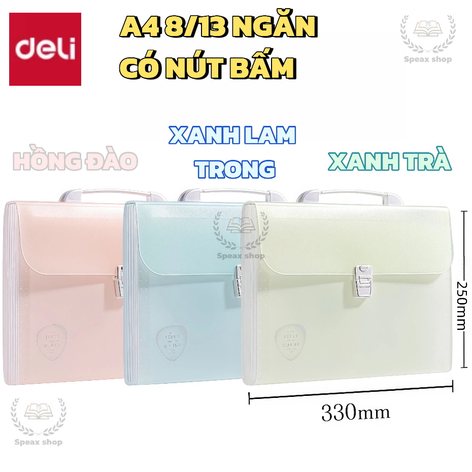 Cặp Đựng Tài Liệu 8/13 Ngăn Deli File Túi Tệp Đựng Tài Liệu A4 Cặp Học Thêm Màu thạch trong mờ pastel Có nút bấm Tay Xác