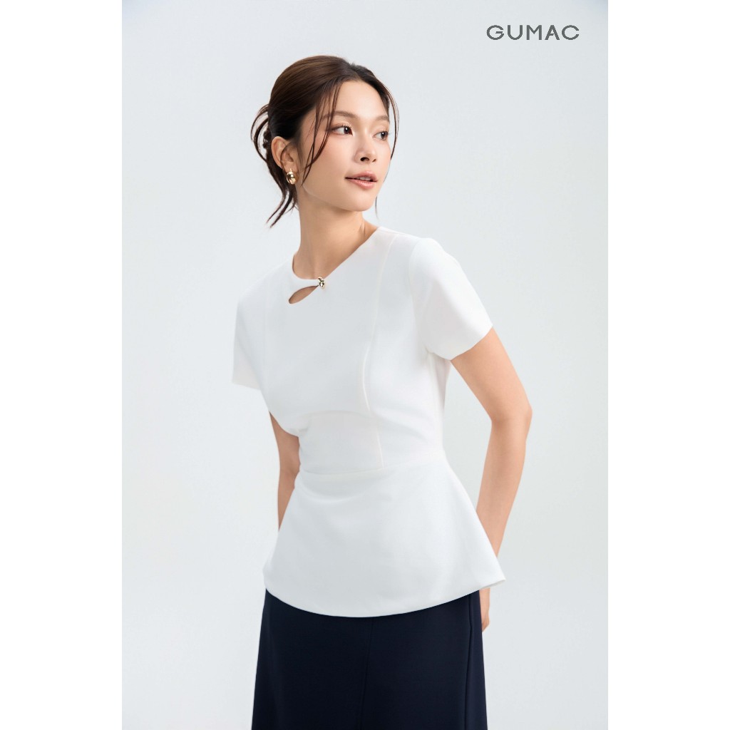 Áo Peplum Nữ GUMAC Cổ Tròn Đính Nút Kim Loại Trang Trí Cách Điệu Chất Tuyết Chun Đứng Form Thanh Lịch AG05029