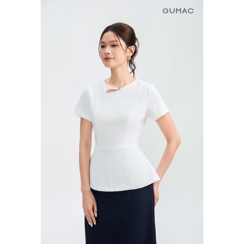 Áo Peplum Nữ GUMAC Cổ Tròn Đính Nút Kim Loại Trang Trí Cách Điệu Chất Tuyết Chun Đứng Form Thanh Lịch AG05029