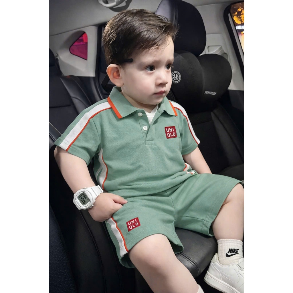 Bộ quần áo ngắn tay cho bé trai phối kẻ sọc trắng siêu mát mùa hè-Bộ quần áo ngắn tay màu xanh cho bé trai siêu đẹp