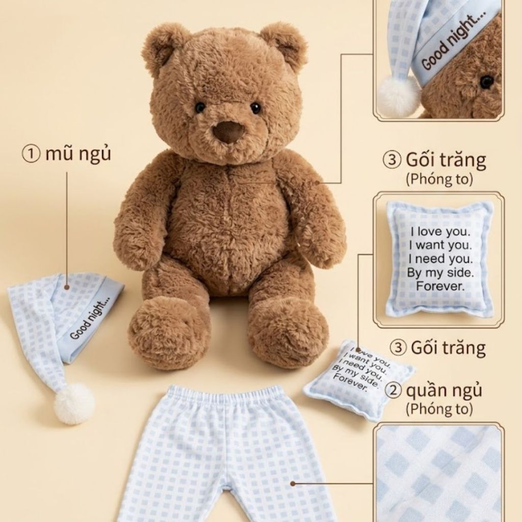 Gấu Bông Teddy Ôm Gối Mặc Đồ Ngủ Dễ Thương,Thú Nhồi Bông Đội Mũ Good Night Cao Cấp Quà Tặng Sinh Nhật Cho Bé,Bạn Gái