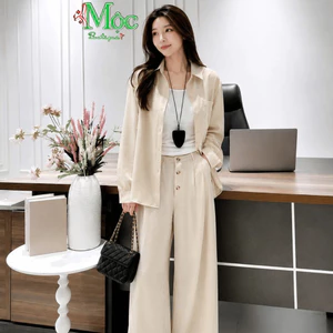 MKQC_ Set bộ 3 món, Set áo chất Đũi kiểu sơ mi tay dài phối quần suông dài kèm áo Thun trắng 3 lỗ